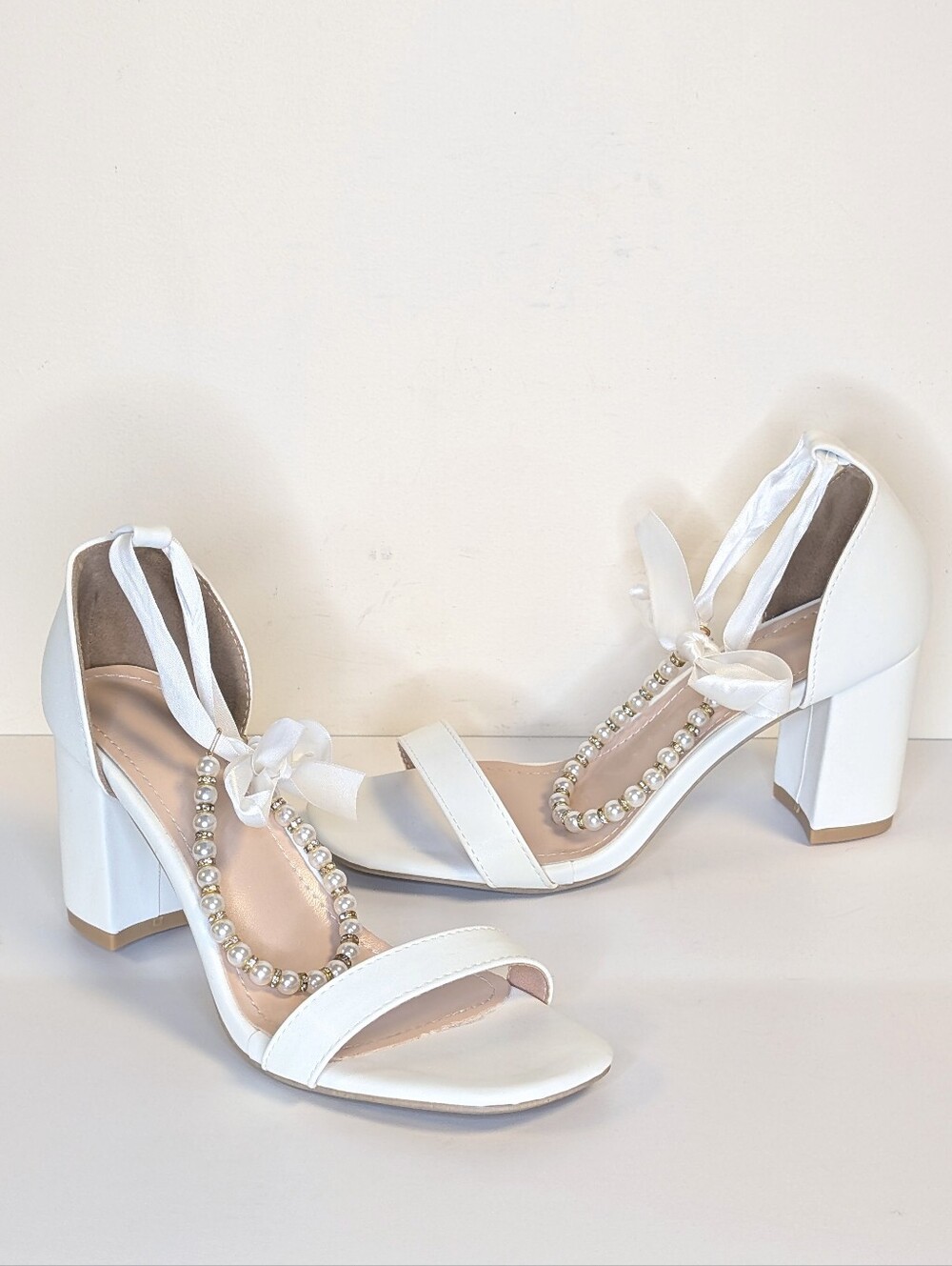 White Pearl Rhinestone Lace-Up Block Heel Sandals Size 39